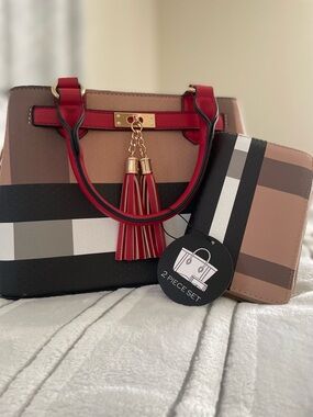 Chic Two-Piece Women's Tote and Wallet Set - Red & Tan